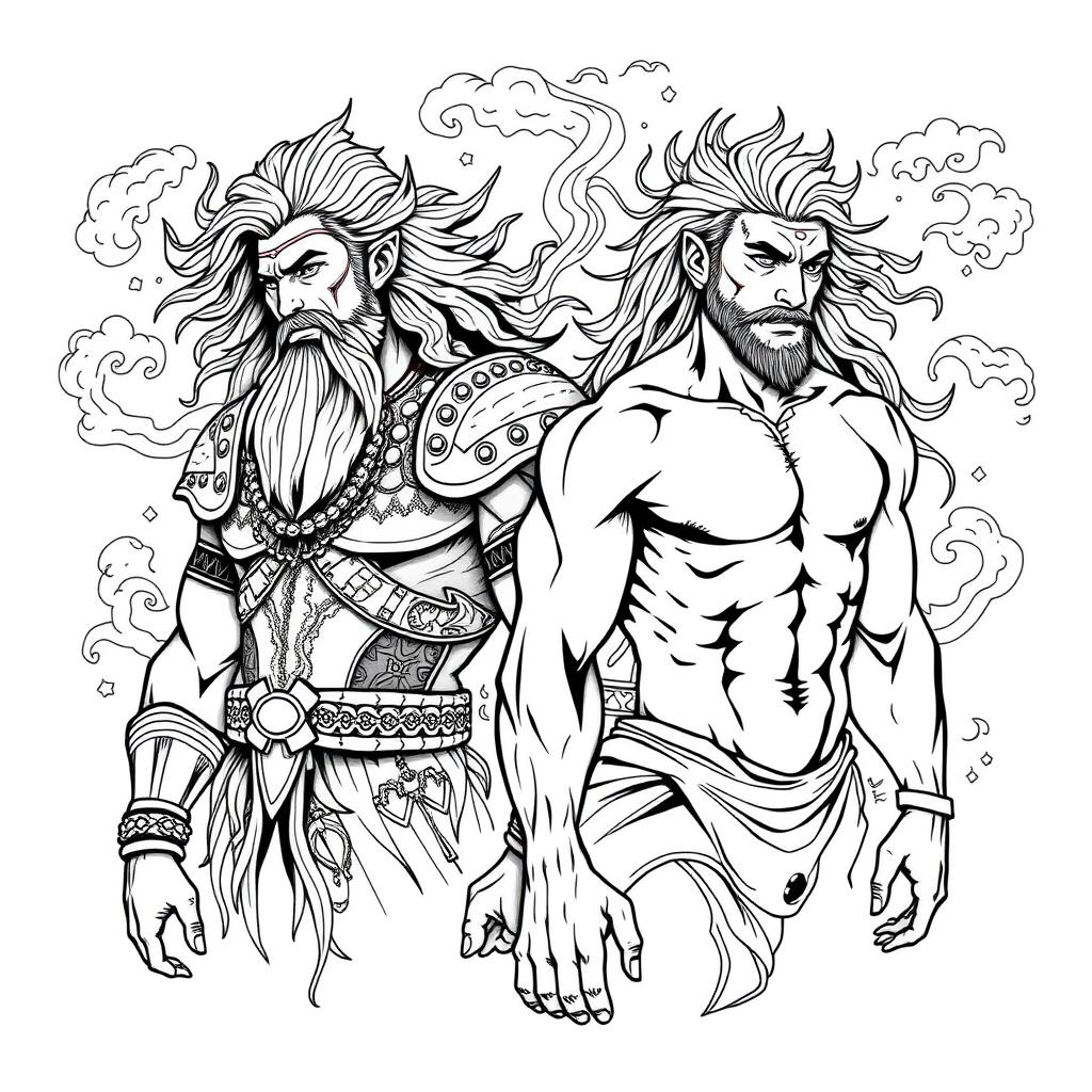 A stunning tattoo design featuring Gilgamesh and Enkidu, inspired by ancient Mesopotamian art