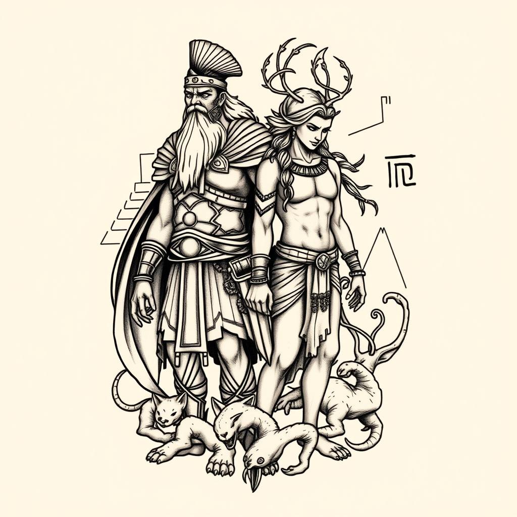 A detailed tattoo design featuring the legendary figures Gilgamesh and Enkidu from ancient Mesopotamian mythology