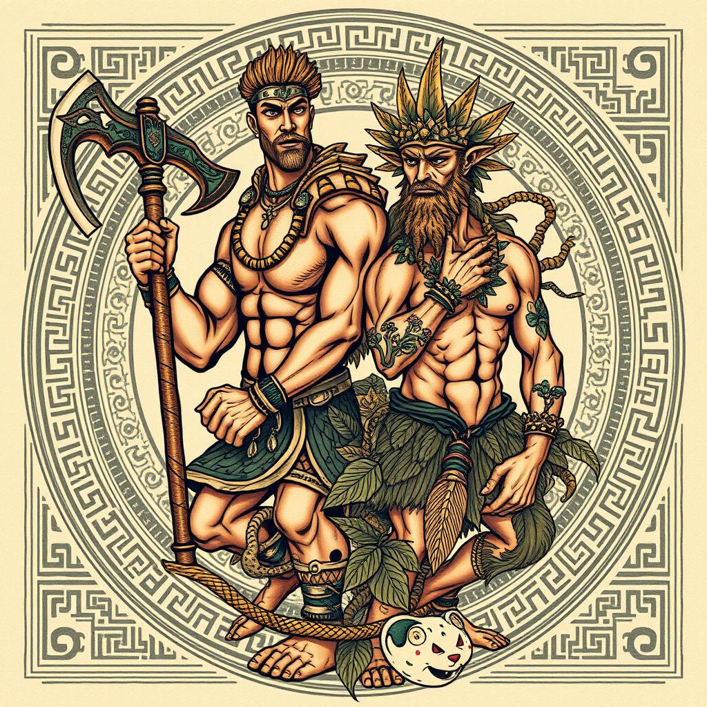 A stunning tattoo design featuring the legendary characters Gilgamesh and Enkidu from ancient Mesopotamian mythology