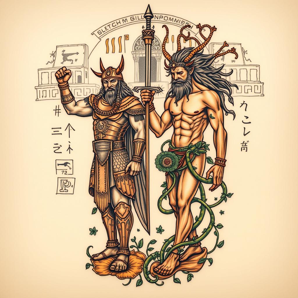 An elaborate tattoo design featuring the mythological figures Gilgamesh and Enkidu from ancient Mesopotamian lore