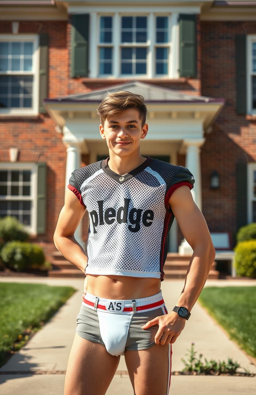An eye-catching scene featuring a young college boy confidently standing in front of a classic frat house