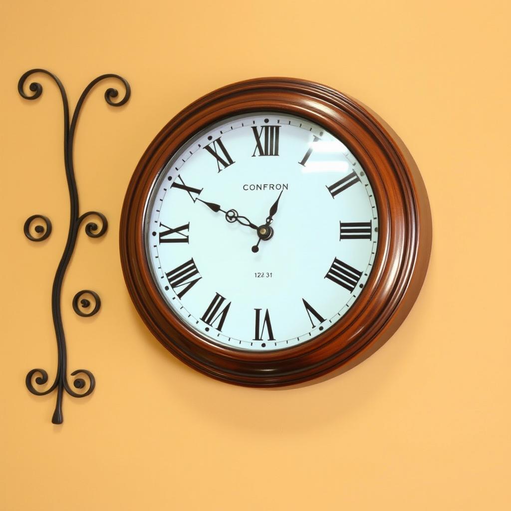 A beautiful wall clock showing the time 12:31, featuring an elegant design with a wooden frame and classic Roman numerals