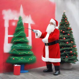 Santa Claus in his traditional red costume, spray painting a vibrant, detailed Christmas tree on a blank public wall in urban setting