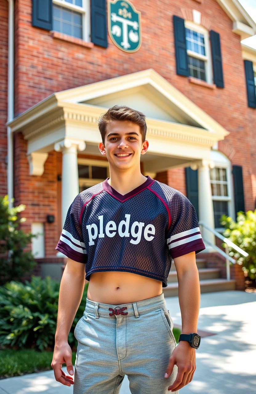 An appealing scene featuring a cute college boy standing confidently in front of a classic frat house