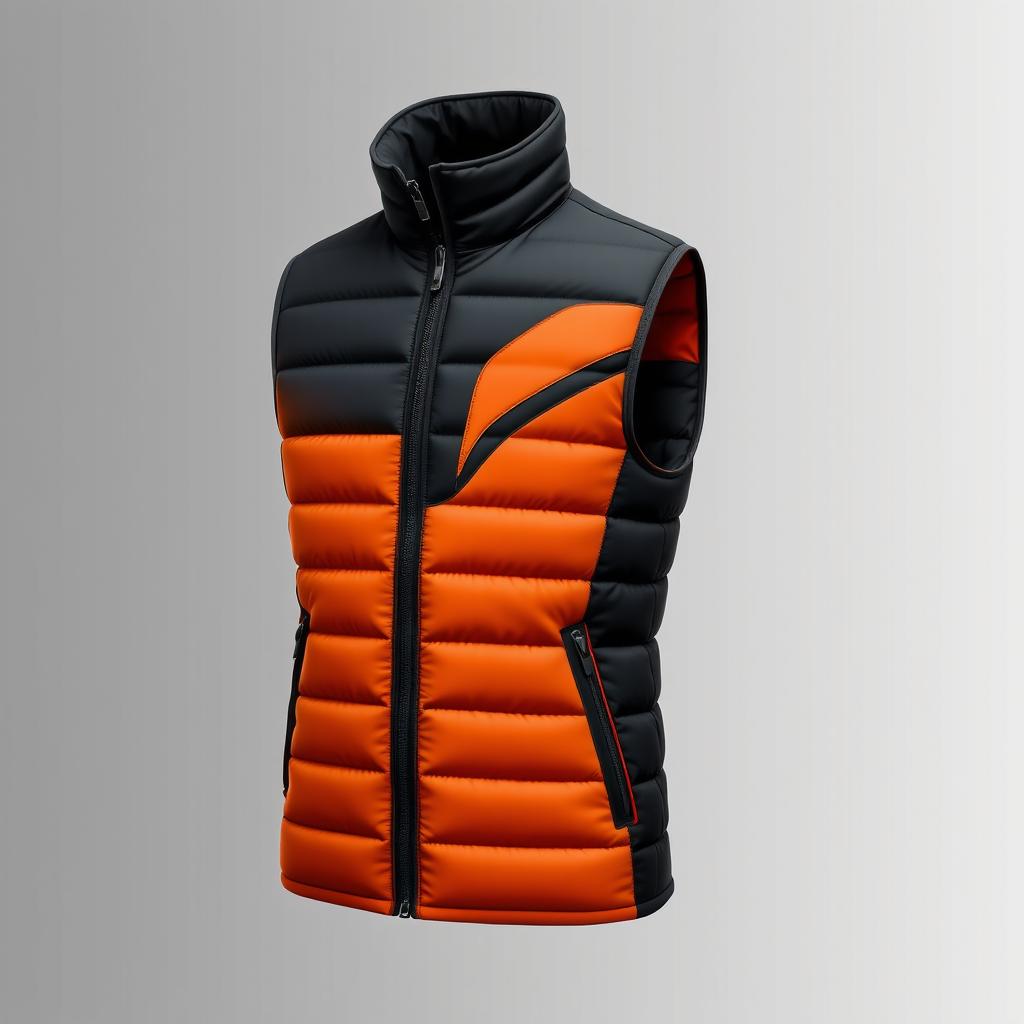 An elegant design for a padded vest intended for a car brand, featuring a striking color combination of orange and black