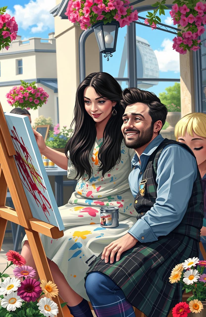 A vibrant scene depicting a female painter passionately creating a colorful artwork, set in a picturesque outdoor café