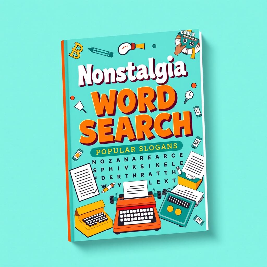 A book cover design for a word search book titled 'Nostalgia Word Search: Popular Slogans'
