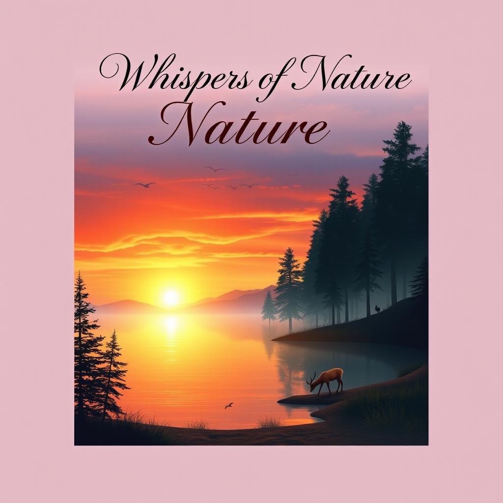 Create an ebook cover design featuring a captivating landscape of a serene sunset over a calm lake, surrounded by lush pine trees