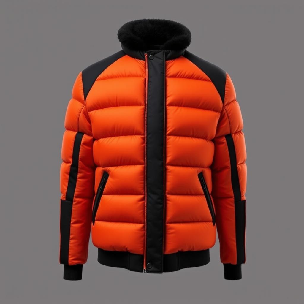 An elegant puffer jacket in orange and black, featuring a striking black accent