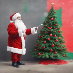 Santa Claus in his traditional red costume, spray painting a vibrant, detailed Christmas tree on a blank public wall in urban setting