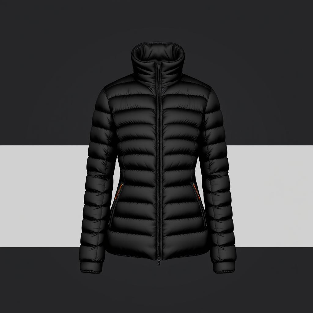 An elegant puffer jacket in black with subtle orange details