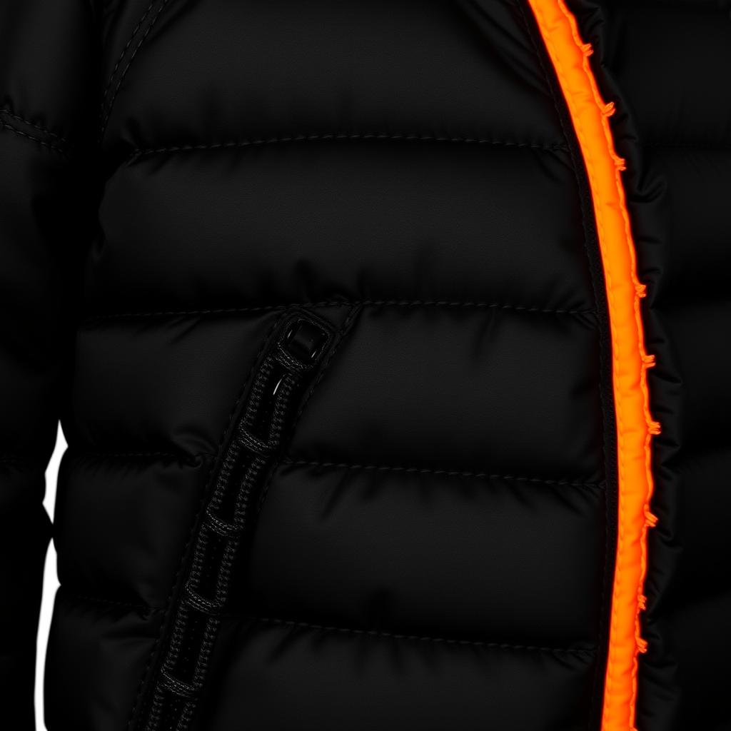 An elegant puffer jacket in black with orange highlights