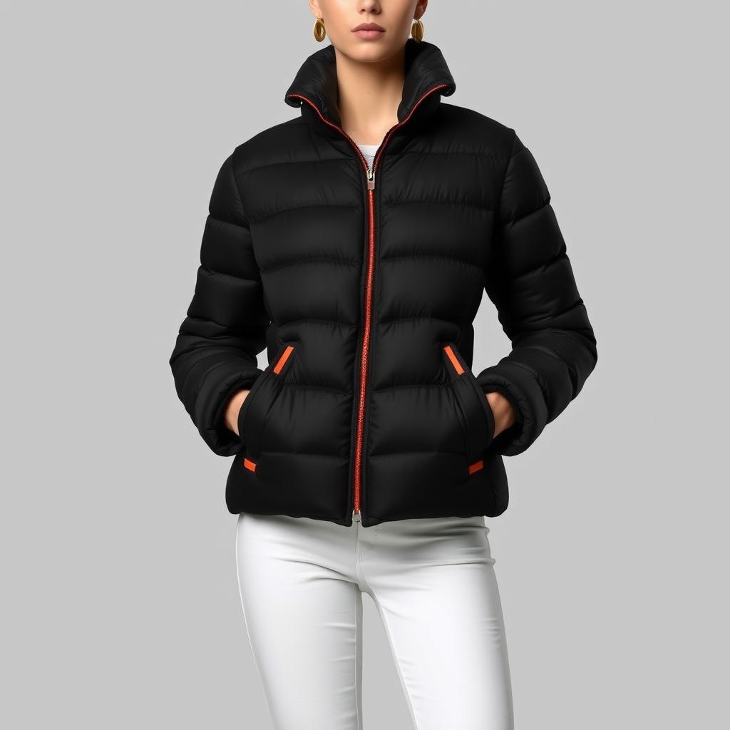 A full model view of an elegant puffer jacket in black with orange accents