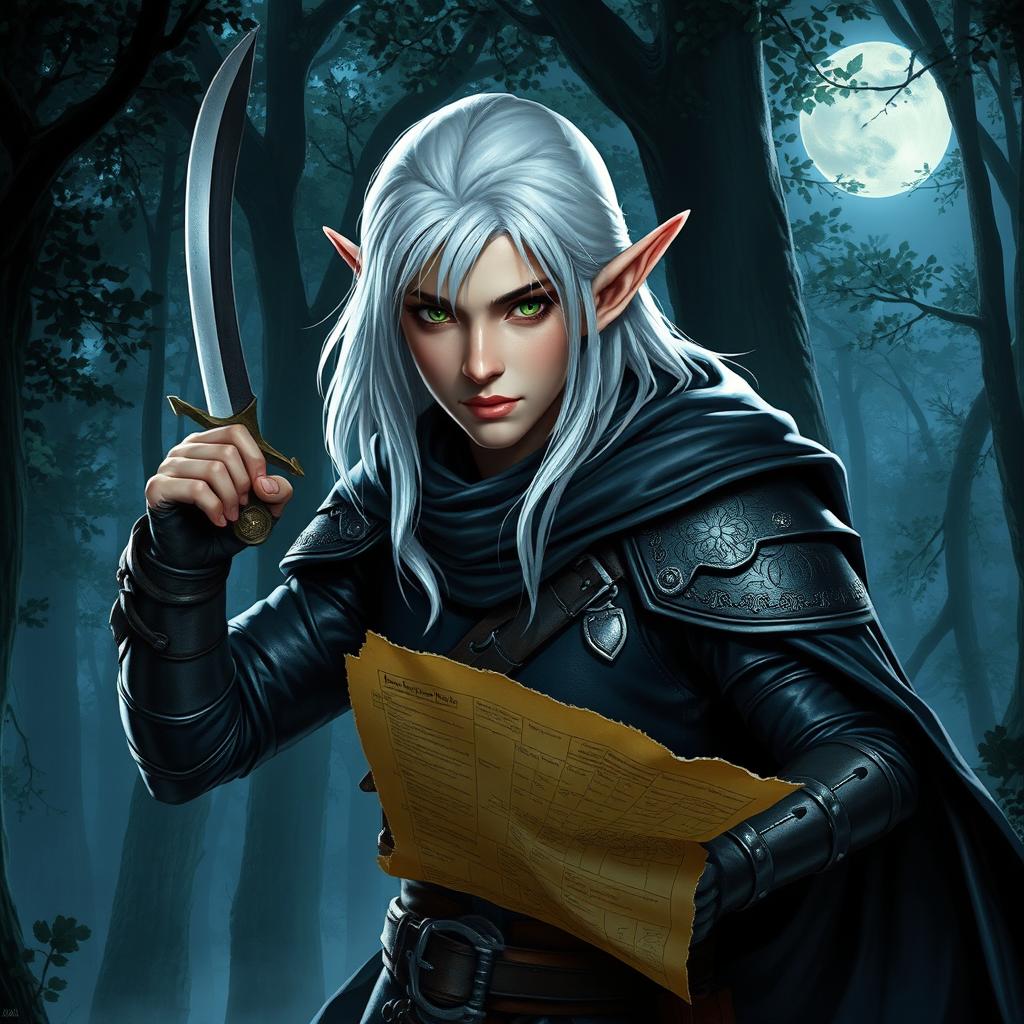 A cunning white-haired elf rogue with piercing green eyes, dressed in dark leather armor that blends seamlessly into the shadows