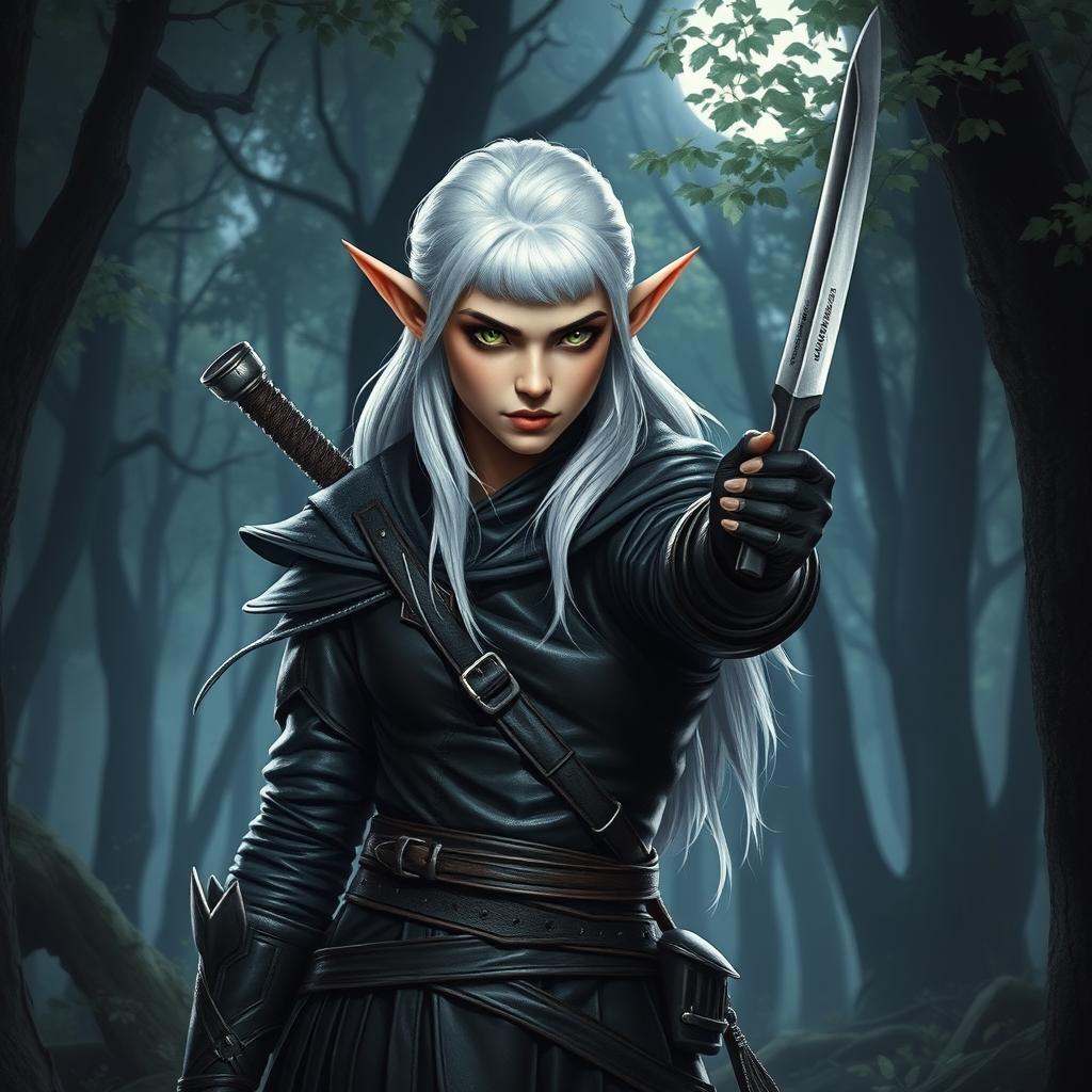 A cunning white-haired elf rogue with piercing green eyes, dressed in dark leather armor that blends seamlessly into the shadows