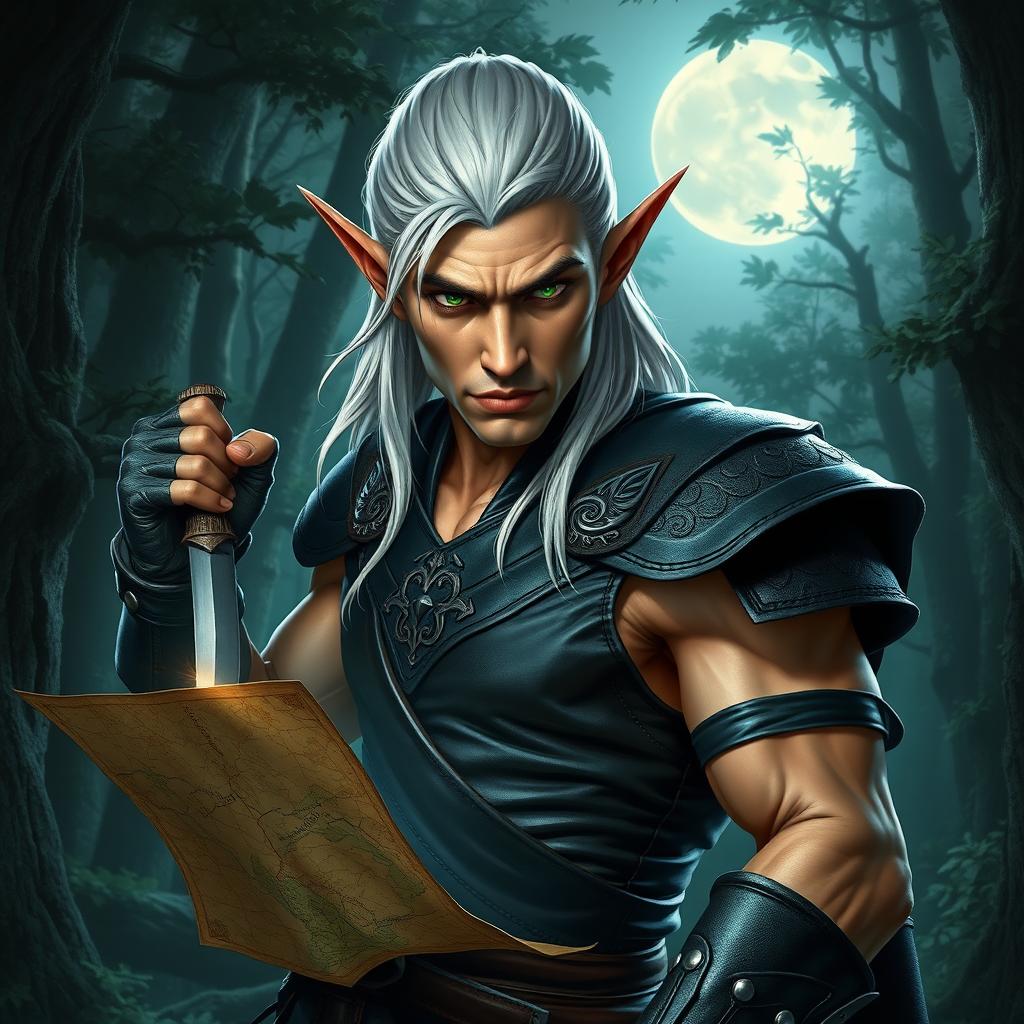 A rugged, masculine white-haired elf rogue with piercing green eyes