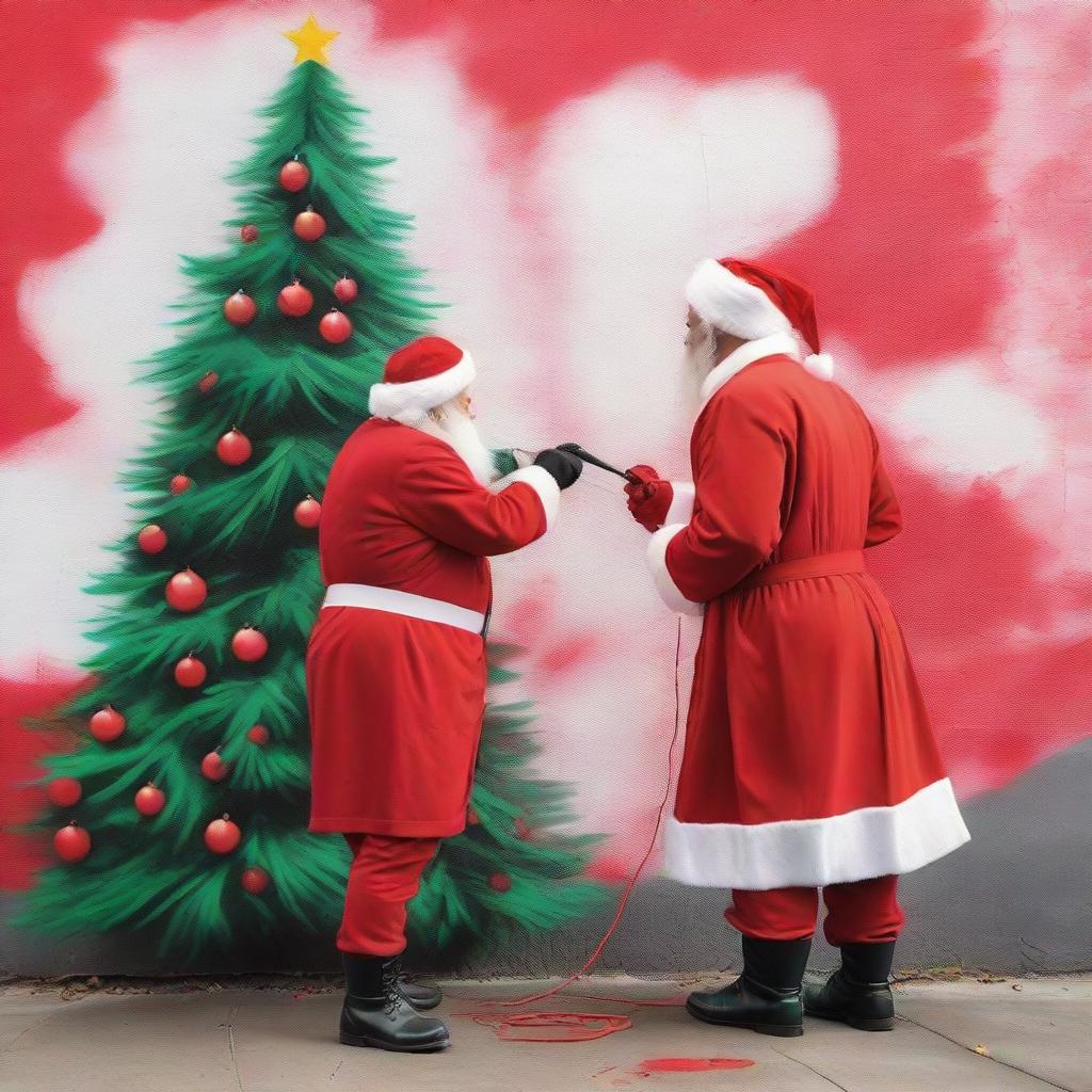 Santa Claus in his traditional red costume, spray painting a vibrant, detailed Christmas tree on a blank public wall in urban setting