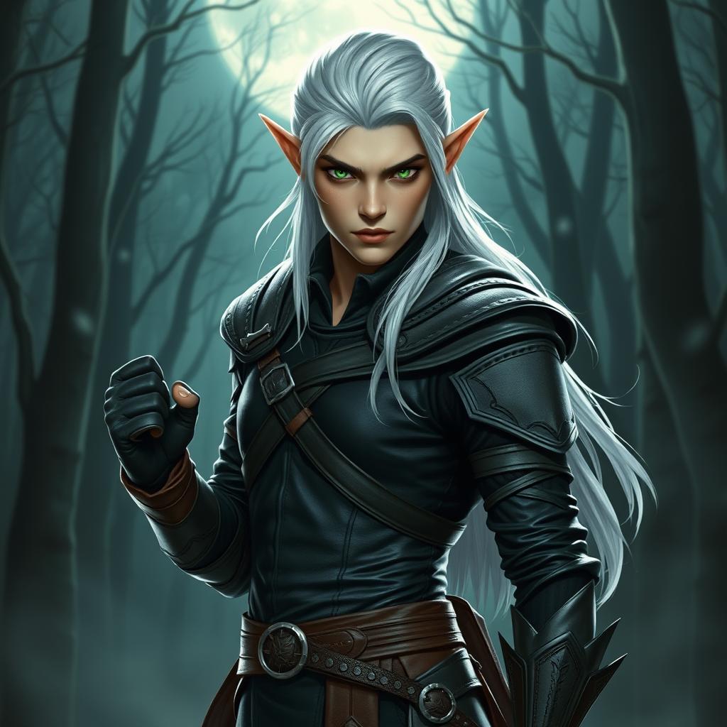 A sleek white-haired elf rogue with striking green eyes, dressed in fitted dark leather armor that accentuates his agile physique