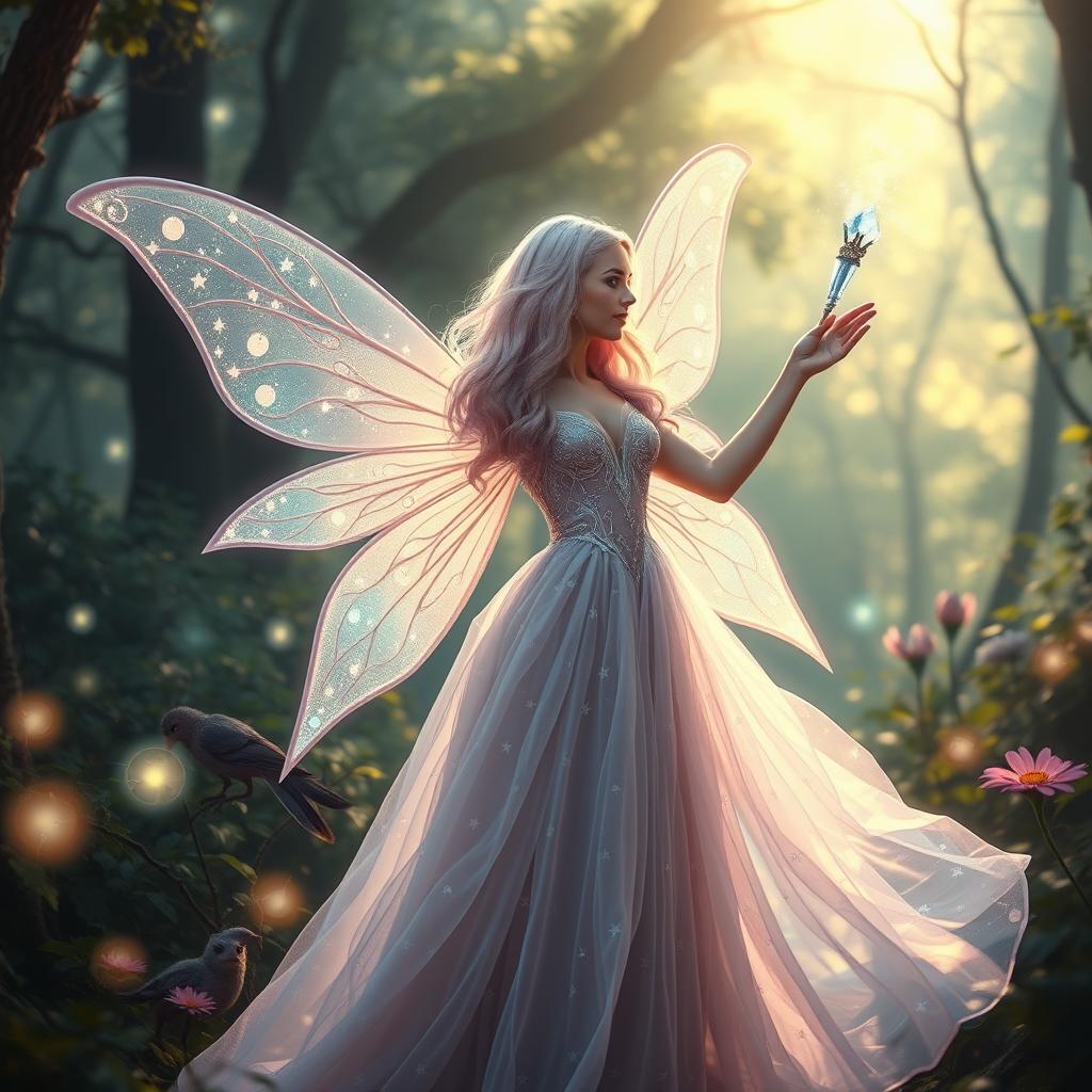 A beautiful female fairy wizard standing in an enchanted forest