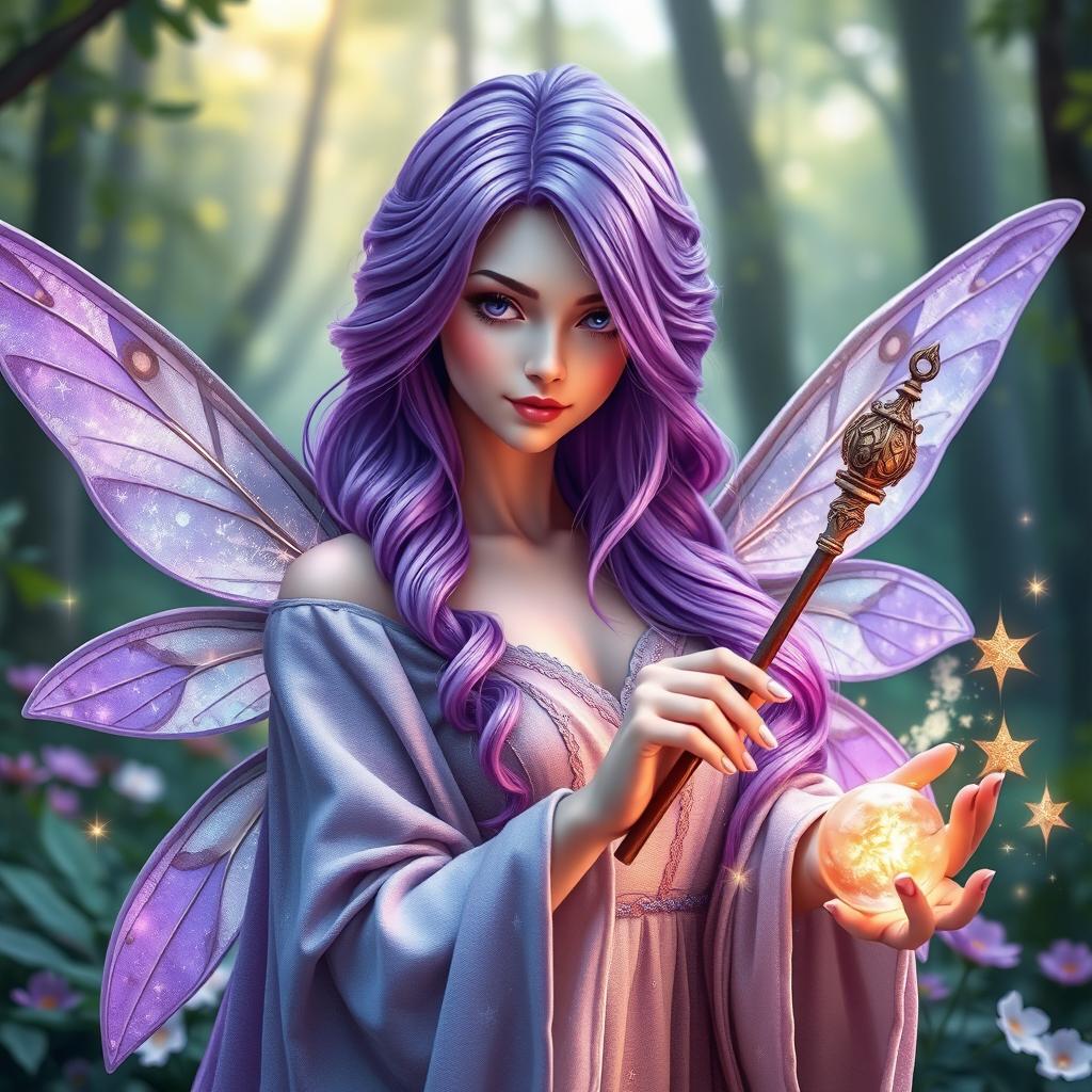 A captivating female fairy wizard with vibrant purple hair that cascades in soft waves around her shoulders