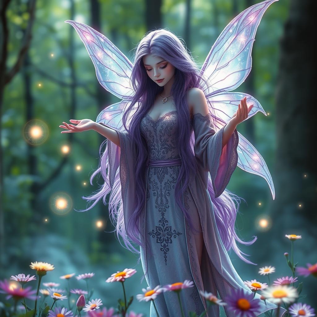 An enchanting fairy wizard with stunning purple hair that flows like silk, cascading down her back