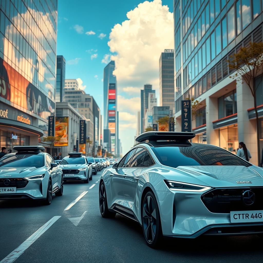 Futuristic autonomous cars driving on a bustling city street, showcasing advanced technology and sleek designs