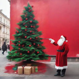 Santa Claus in his traditional red costume, spray painting a vibrant, detailed Christmas tree on a blank public wall in urban setting