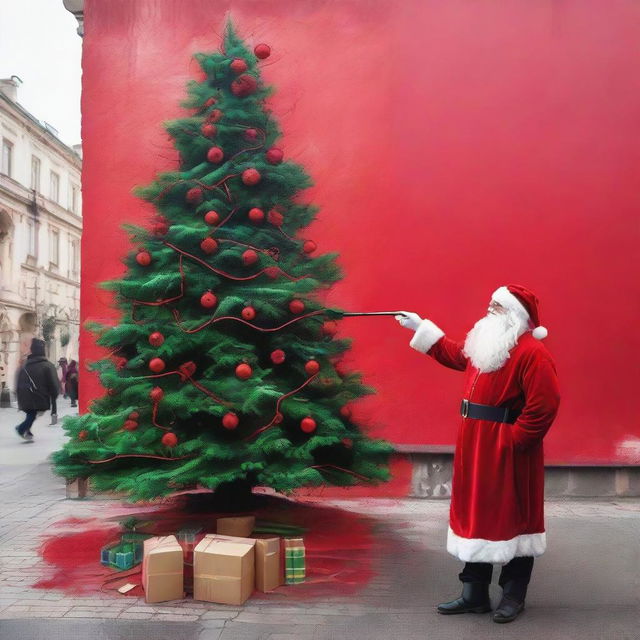 Santa Claus in his traditional red costume, spray painting a vibrant, detailed Christmas tree on a blank public wall in urban setting