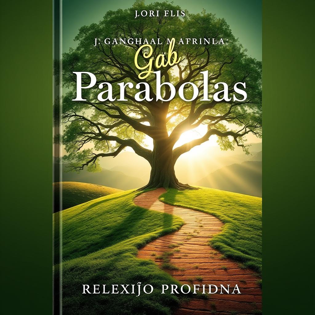 A captivating book cover design for 'Parábolas: Reflexão Profunda', featuring a serene landscape with a winding path leading into the horizon, symbolizing a journey of introspection
