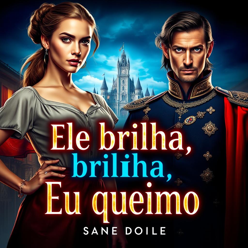 A captivating book cover for a fantasy romance novel titled 'Ele brilha, Eu queimo'
