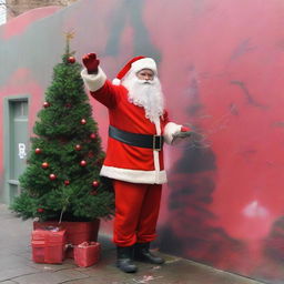 Santa Claus clad in his signature red suit, meticulously spray painting a festive Christmas tree onto a plain urban public wall