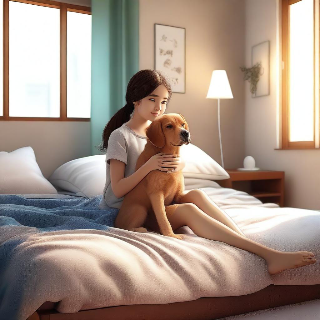 An endearing digital art image showcasing a girl sitting on a bed, with her pet dog by her side