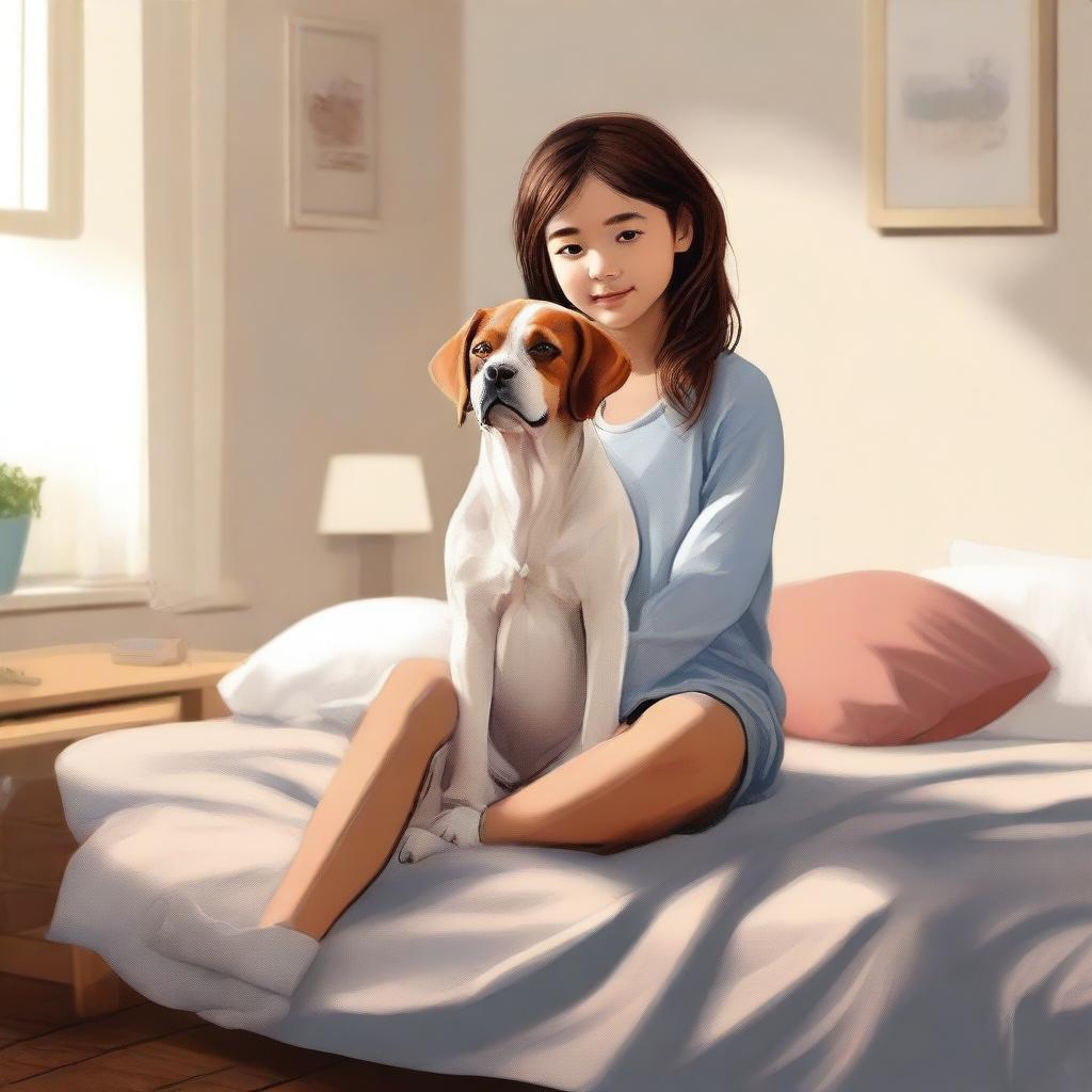 An endearing digital art image showcasing a girl sitting on a bed, with her pet dog by her side