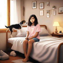 An endearing digital art image showcasing a girl sitting on a bed, with her pet dog by her side