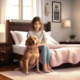 An endearing digital art image showcasing a girl sitting on a bed, with her pet dog by her side