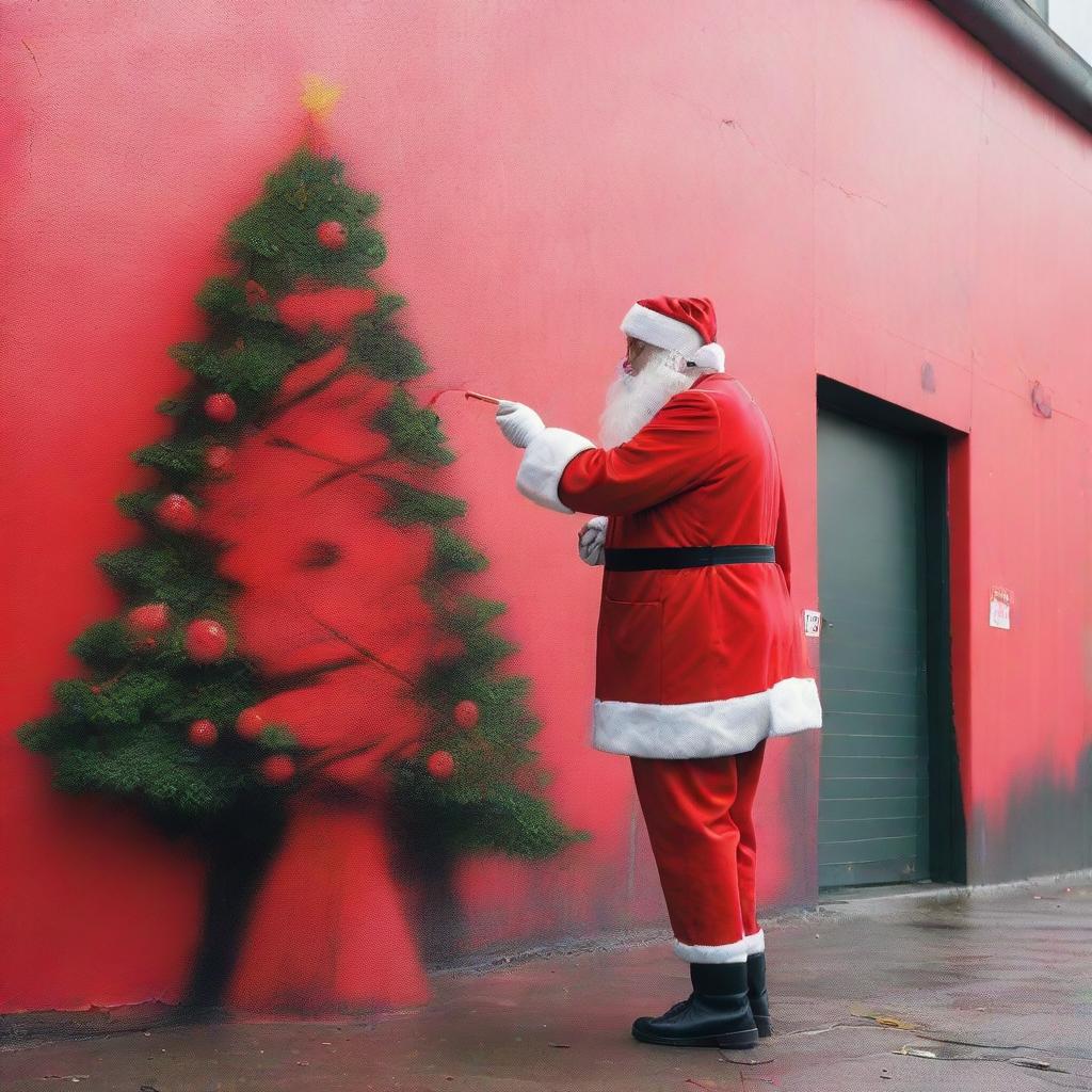 Santa Claus clad in his signature red suit, meticulously spray painting a festive Christmas tree onto a plain urban public wall