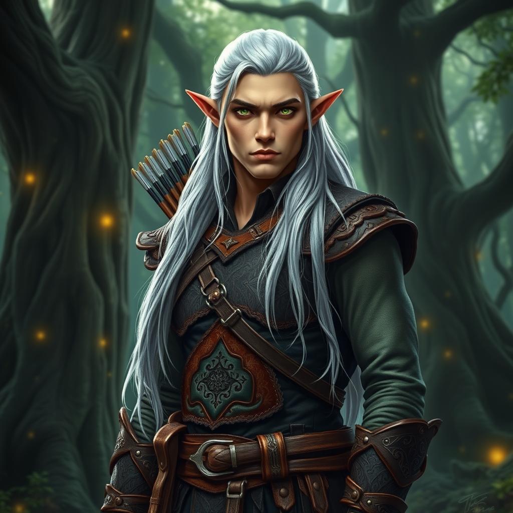 A high-elf ranger male, with pointed ears and sharp features, dressed in elegant yet practical leather armor adorned with intricate forest patterns