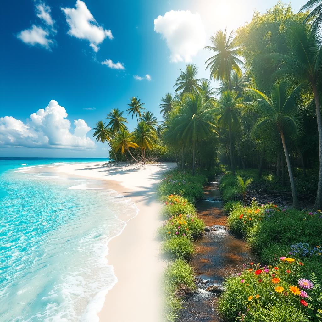 A surreal landscape that seamlessly merges two beautiful scenes: on one side, a serene beach with sparkling turquoise waters, gentle waves lapping against a white sandy shore, palm trees swaying in the light breeze, under a bright blue sky with fluffy white clouds