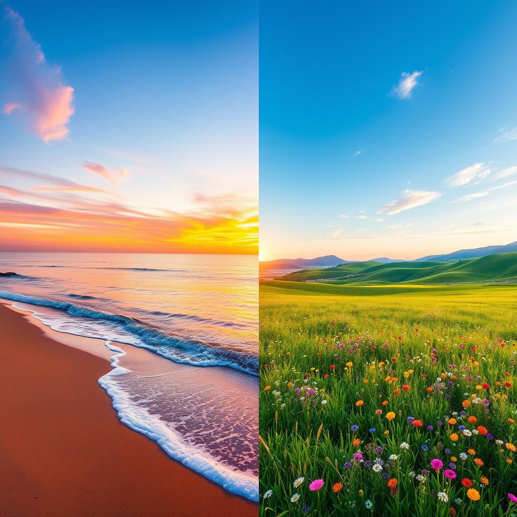 A harmonious landscape that beautifully combines two distinct scenes into one cohesive image: on the left side, a vibrant sunset over a calm ocean, with warm hues of orange, pink, and purple reflecting off the water, and gentle waves lapping at a pristine sandy beach