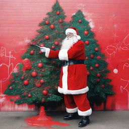 Santa Claus clad in his signature red suit, meticulously spray painting a festive Christmas tree onto a plain urban public wall