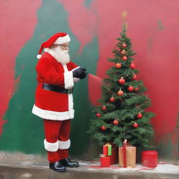 Santa Claus clad in his signature red suit, meticulously spray painting a festive Christmas tree onto a plain urban public wall