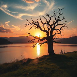 A stunning, cinematic scene featuring a majestic sunset over a tranquil lake, with golden rays reflecting on the water's surface