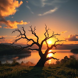 A stunning, cinematic scene featuring a majestic sunset over a tranquil lake, with golden rays reflecting on the water's surface