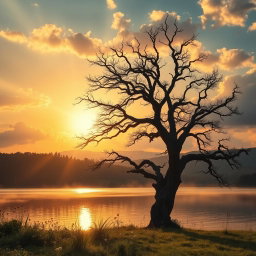 A stunning, cinematic scene featuring a majestic sunset over a tranquil lake, with golden rays reflecting on the water's surface