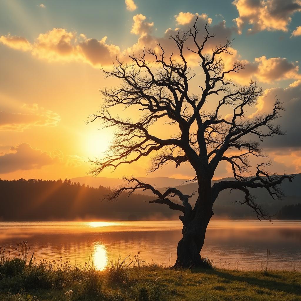 A stunning, cinematic scene featuring a majestic sunset over a tranquil lake, with golden rays reflecting on the water's surface