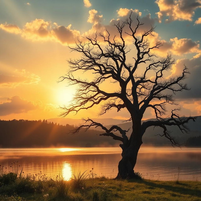 A stunning, cinematic scene featuring a majestic sunset over a tranquil lake, with golden rays reflecting on the water's surface