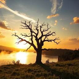 A stunning, cinematic scene featuring a majestic sunset over a tranquil lake, with golden rays reflecting on the water's surface