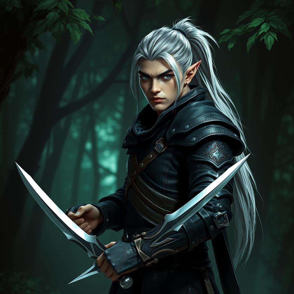 A high-elf male rogue, with pointed ears and striking, angular features