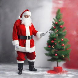 Santa Claus in his traditional red outfit, spray painting a detailed Christmas tree on a blank city wall