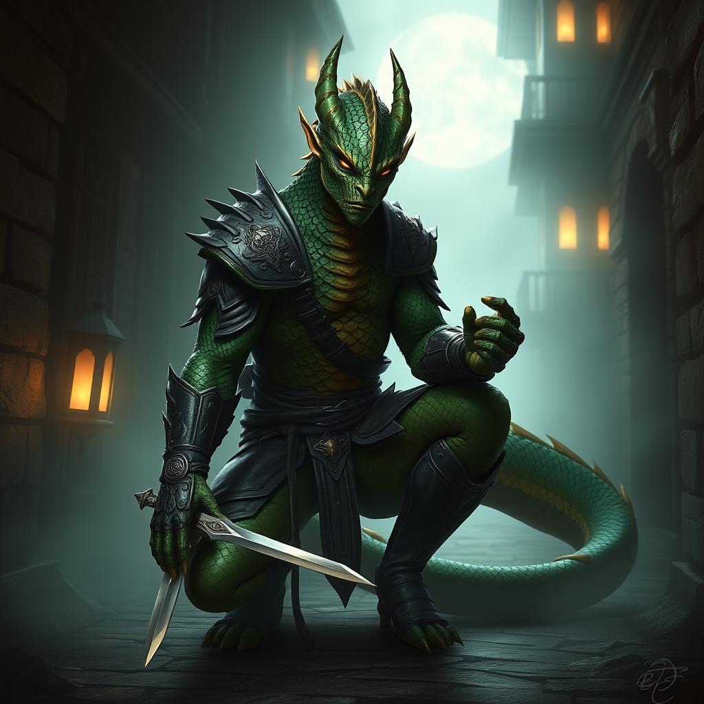 A male Dragonborn rogue, showcasing an impressive blend of scales that shimmer in shades of emerald green and deep gold